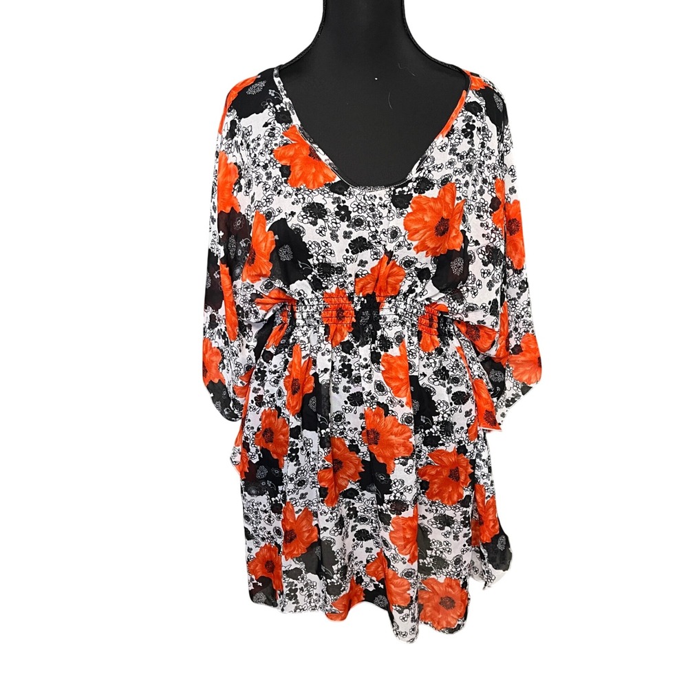 Emme Jordan Beach Floral Swim Cover Up Dress Orange Black Smocked Waist Size‎ M